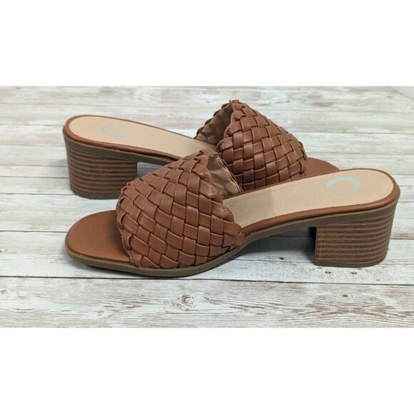 Journee Collection Womens Size 8 Brown Woven Block Heel Open Toe Slide Sandal - Picture 7 of 11